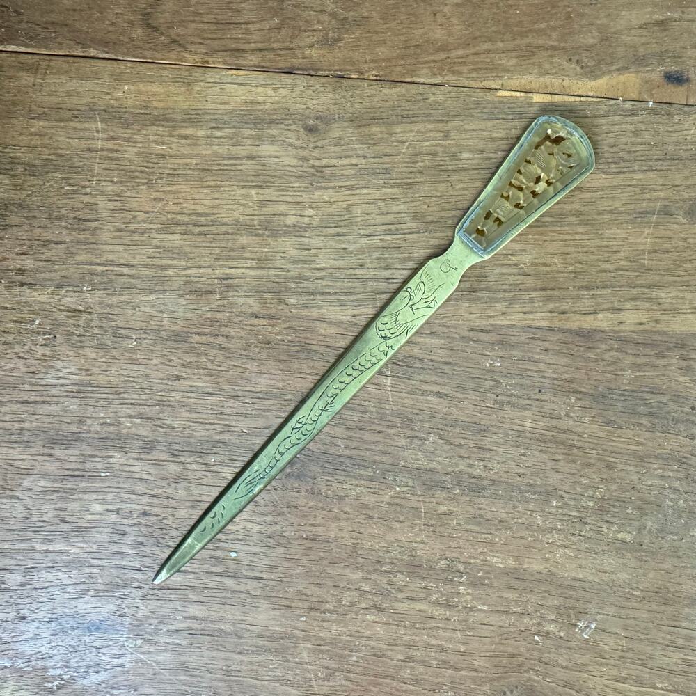 Vintage Brass Dragon Letter Opener with Carved Faux Jade Handle Inlay China